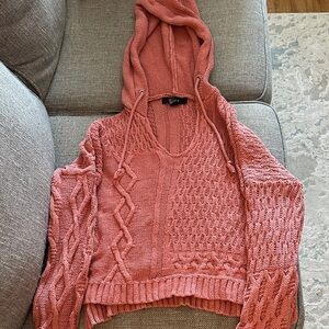 Forever 21 Pink V-Neck Hooded Sweater, Size Medium